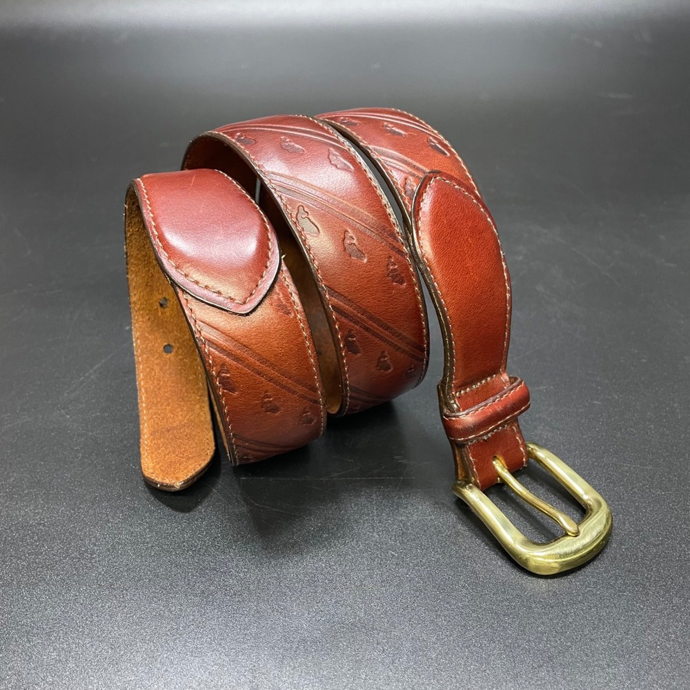 Orvis Leather Belt Mens 34 Brown Embossed Fish? Whale? Solid Brass Buckle